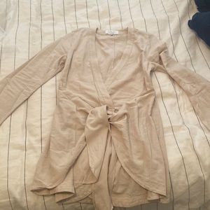 L'Academie Linen The Meadow Mini Wrap Dress in Taupe, XS